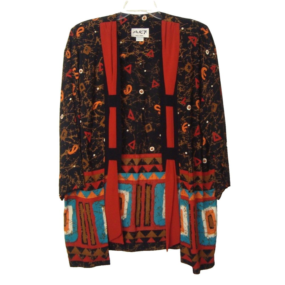 VINTAGE A.K.F. New York Paisley Geo Print Open Jacket Cardigan Kimono Size L
